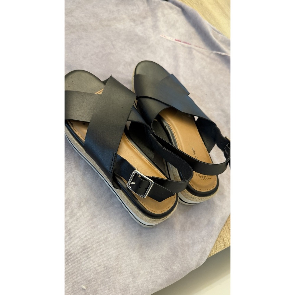 Time And Tru Womens Espadrille Sandals Size 9 Black 3 1/2" Wedge Heels Open Toe